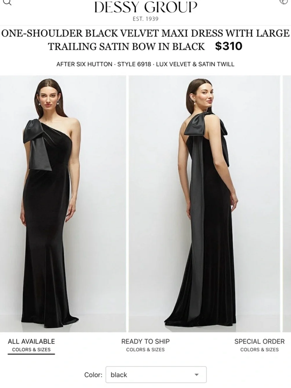 Dessy Collection Black One-Shoulder Velvet Gown with Dramatic Satin Bow - Picture 1 of 4